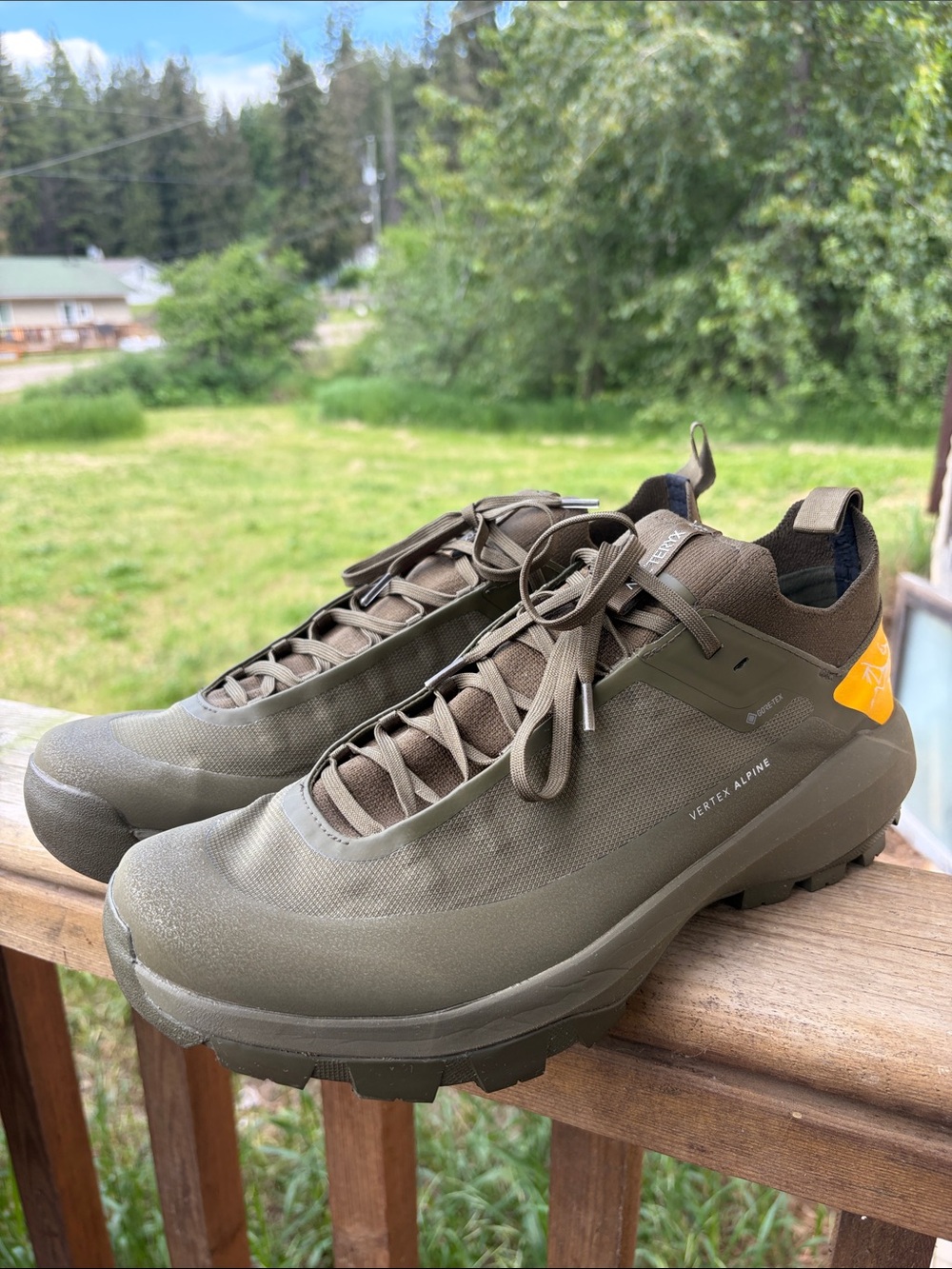 Arc'teryx Men's Vertex Alpine Shoes in Olive Green with Yellow Tab